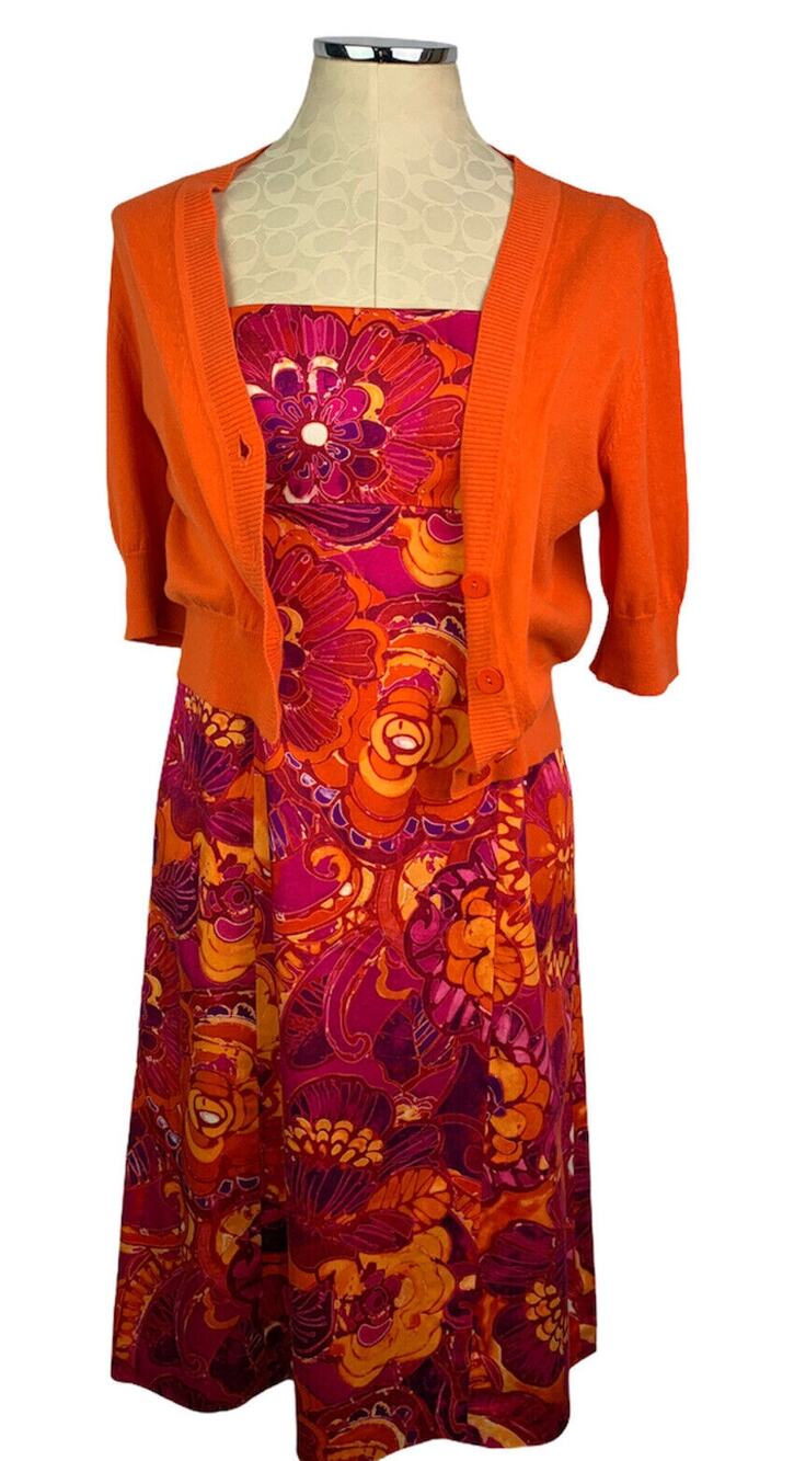Size 4 Evan Picone Bright Tropical Print Sheath Sundress with Orange‎ Cardigan